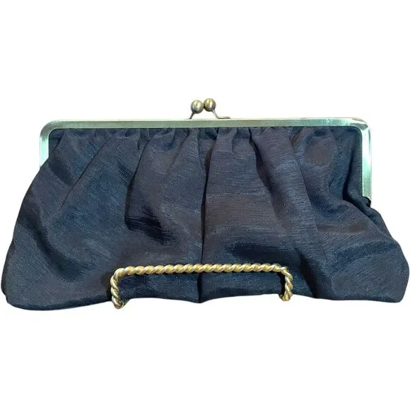 Vintage Black Clutch Gold Frame Kiss Clasp Women's Formal Bag Satin Finish - Picture 2 of 16